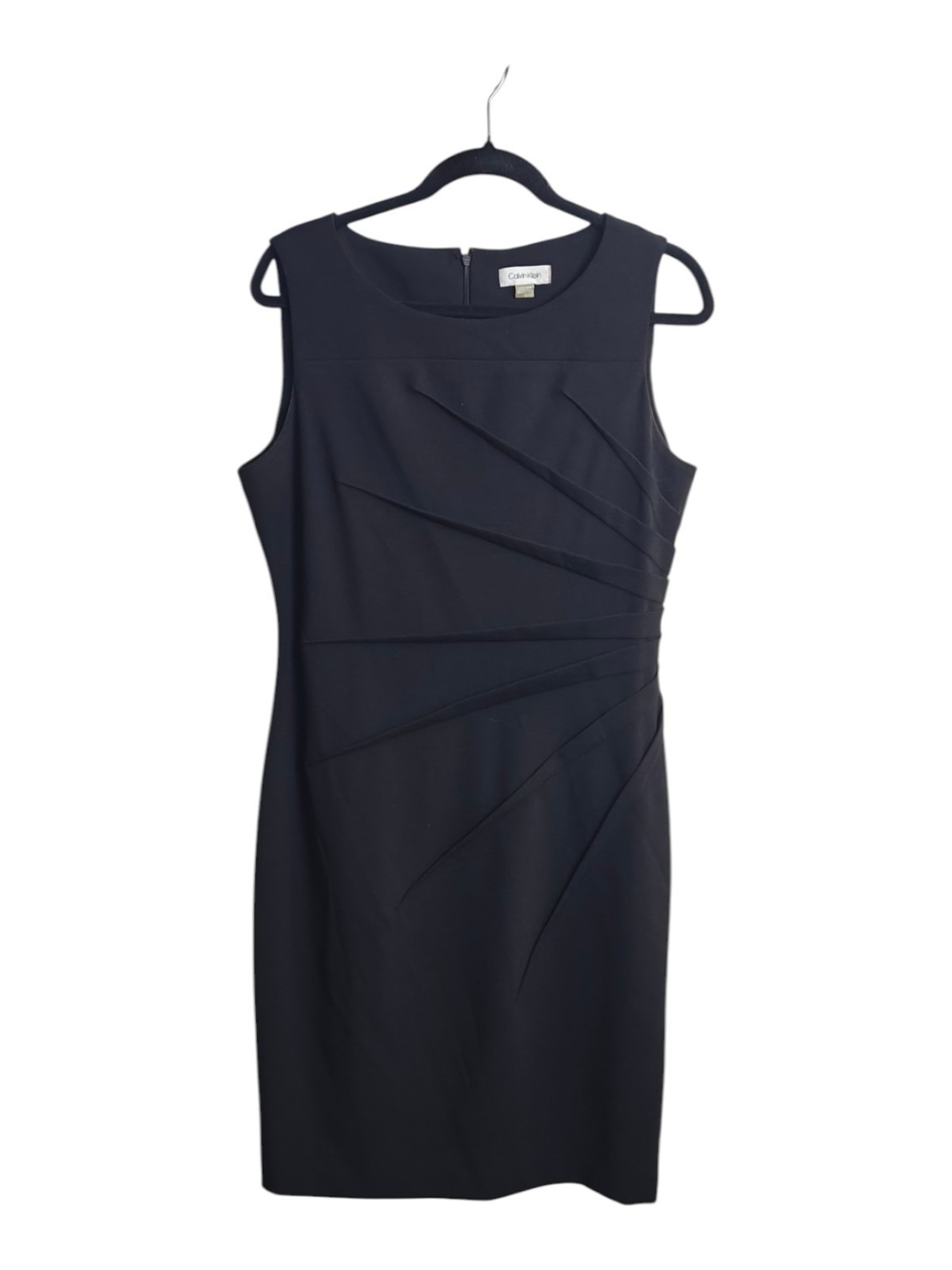Calvin Klein Black Sleeveless Midi Sheath Dress with Asymmetric Pleats